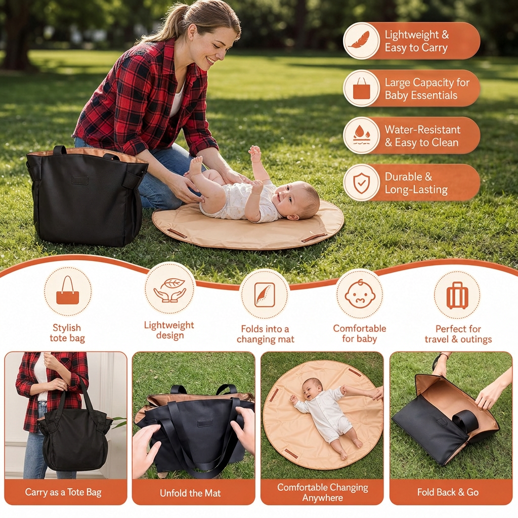 2-in-1 Folding Diaper Bag & Changing Mat – Lightweight & Spacious Travel Tote for Moms