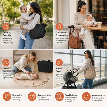 2-in-1 Folding Diaper Bag & Changing Mat – Lightweight & Spacious Travel Tote for Moms