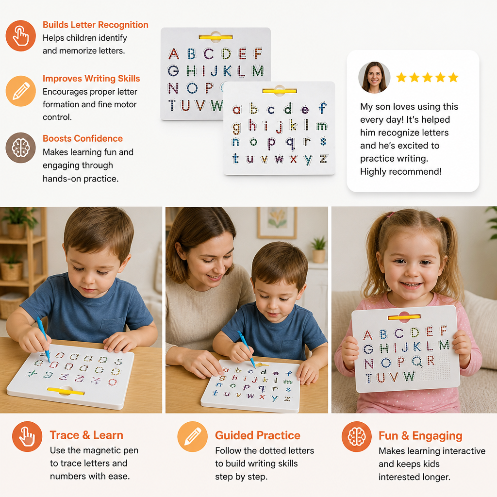 2-in-1 Magnetic Letter Tracing Board for Uppercase & Lowercase Writing Practice