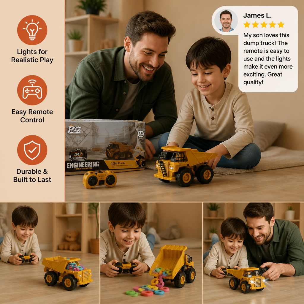 Remote-Controlled Dump Truck with Lights – Construction Vehicle Toy