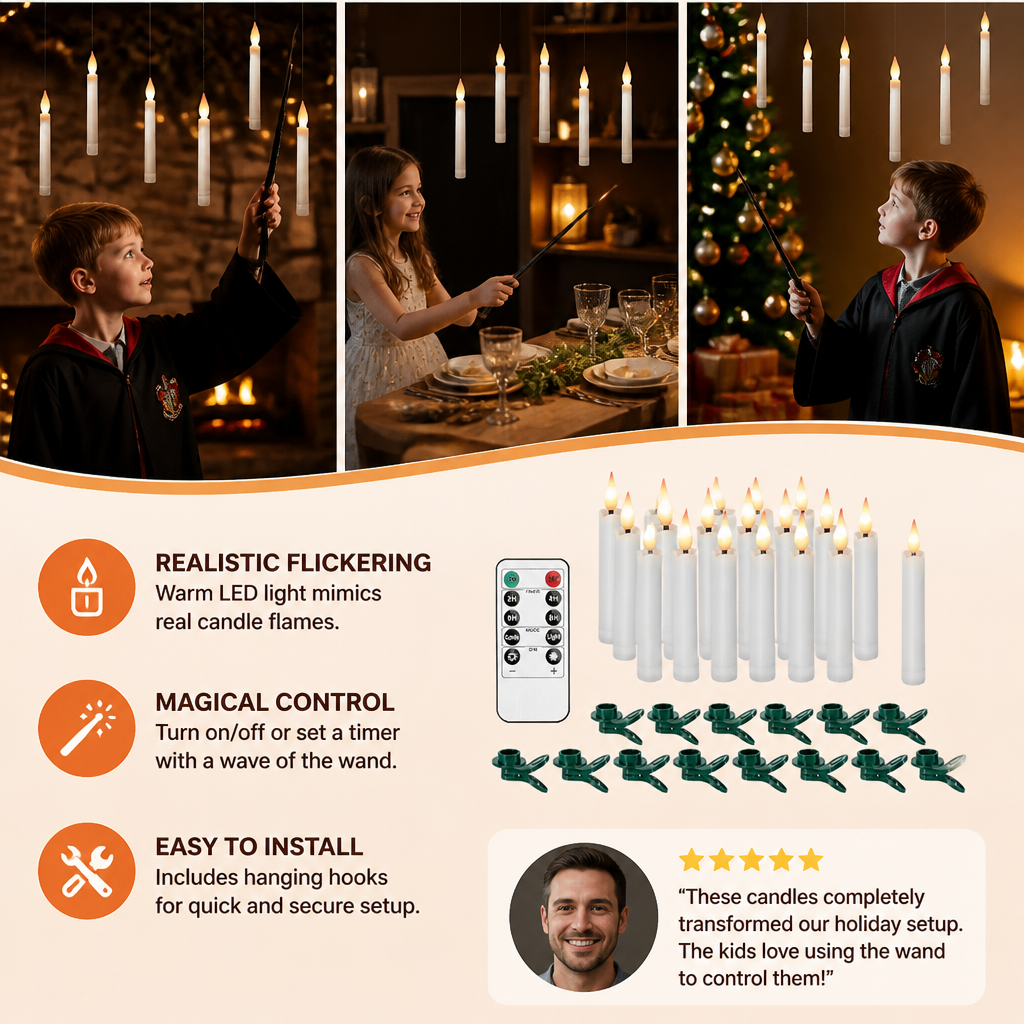 Magic Wand-Controlled Floating LED Candles with Hanging Hooks