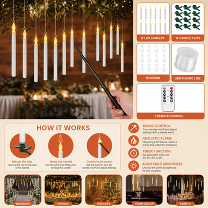 Magic Wand-Controlled Floating LED Candles with Hanging Hooks