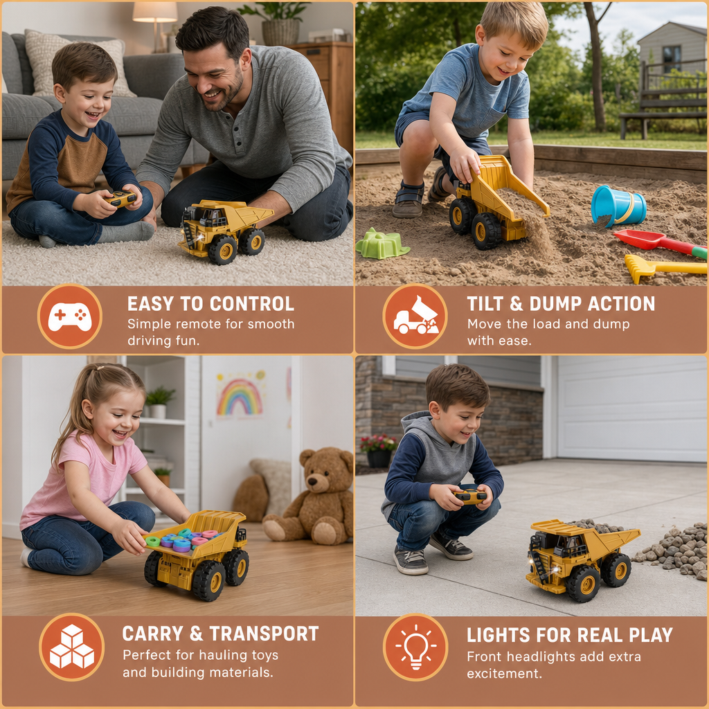 Remote-Controlled Dump Truck with Lights – Construction Vehicle Toy