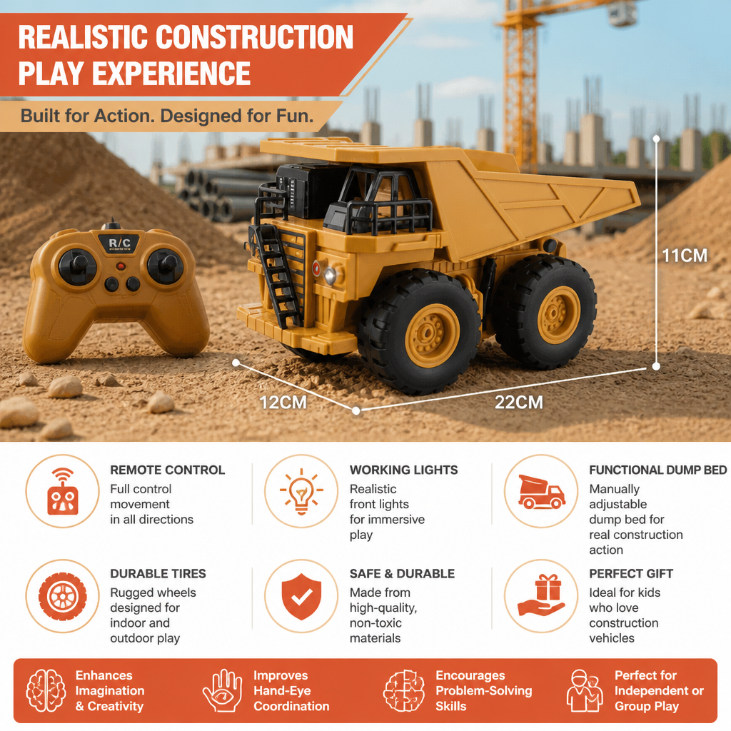Remote-Controlled Dump Truck with Lights – Construction Vehicle Toy