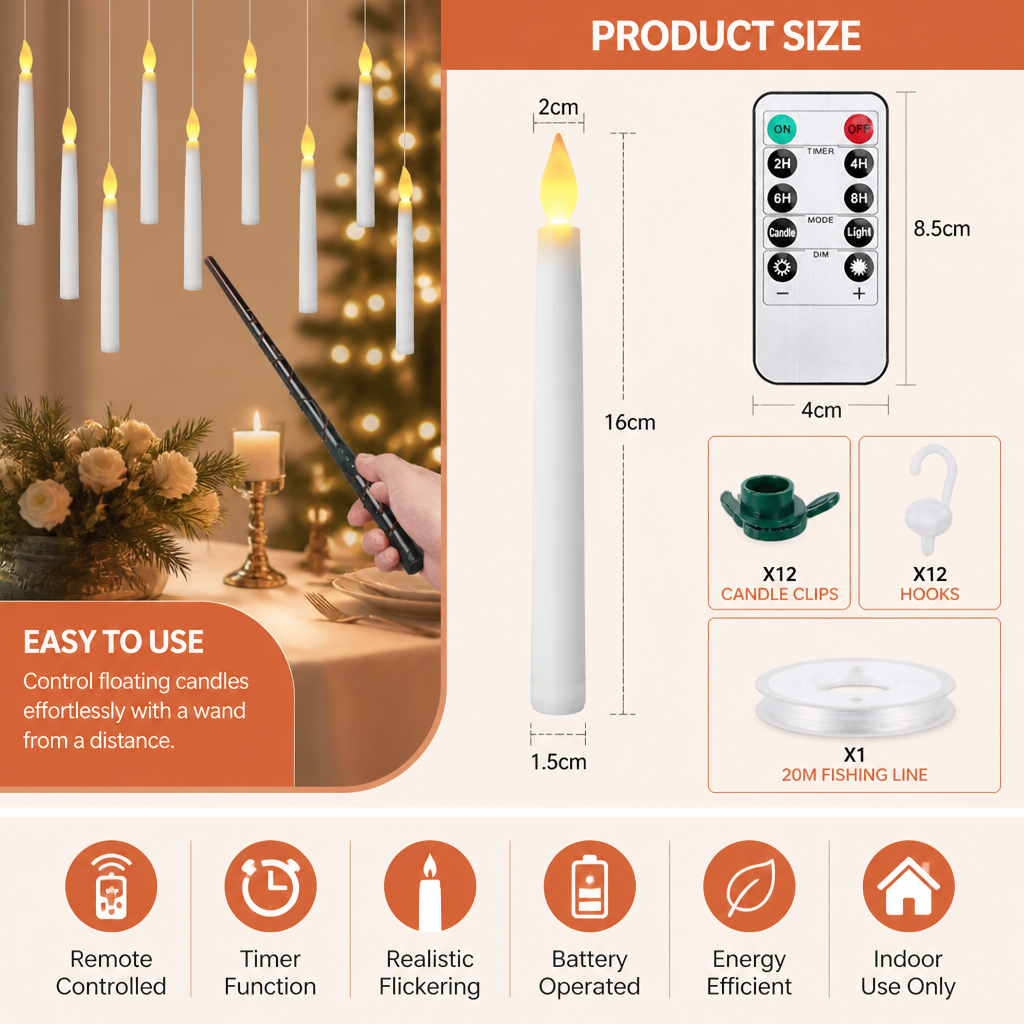 Magic Wand-Controlled Floating LED Candles with Hanging Hooks