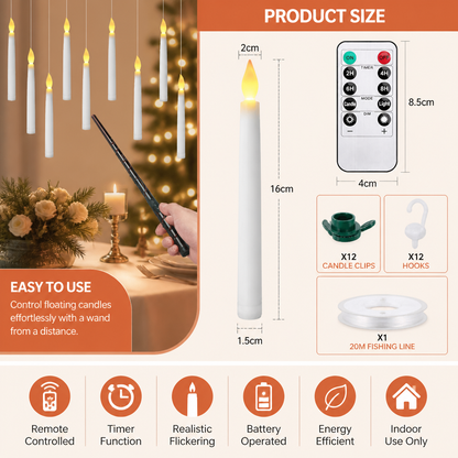 Magic Wand-Controlled Floating LED Candles with Hanging Hooks