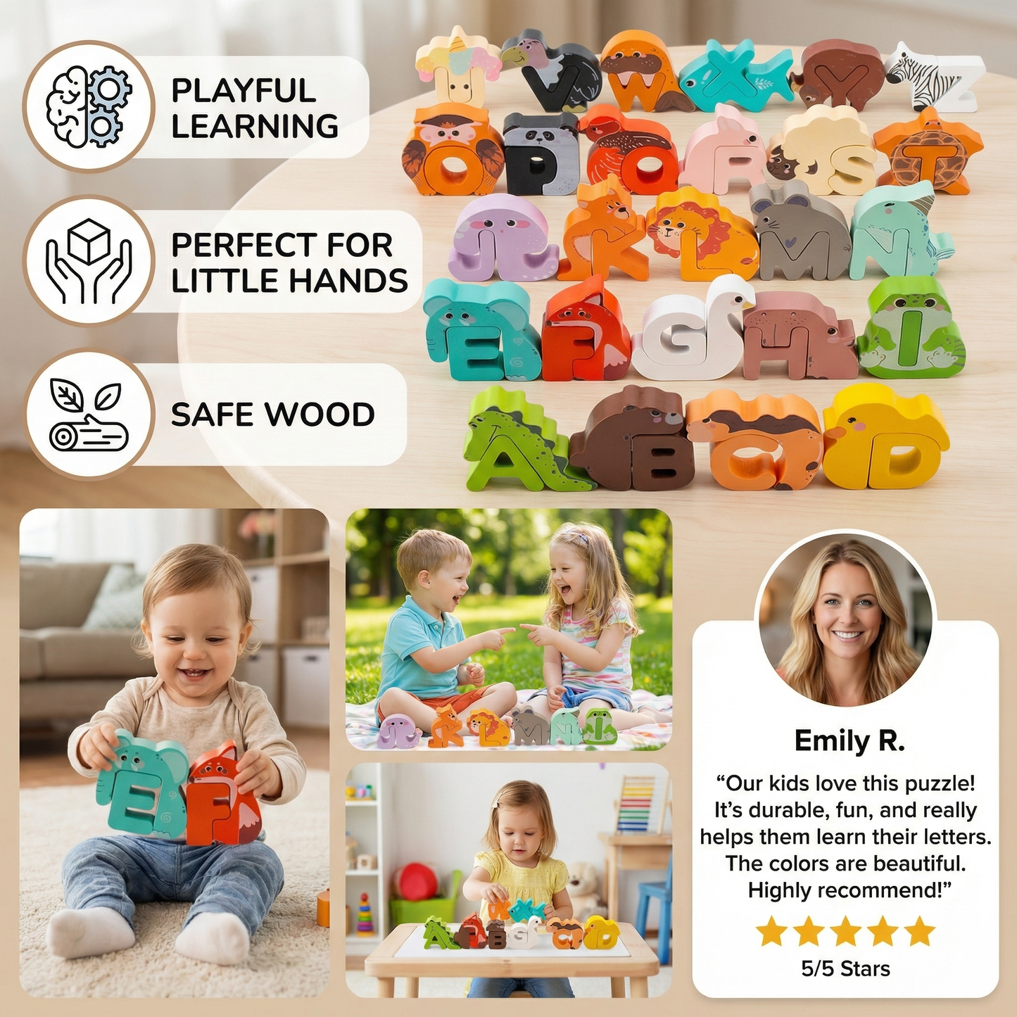 Wooden Animal Alphabet Puzzle – A-Z Learning Toy for Children