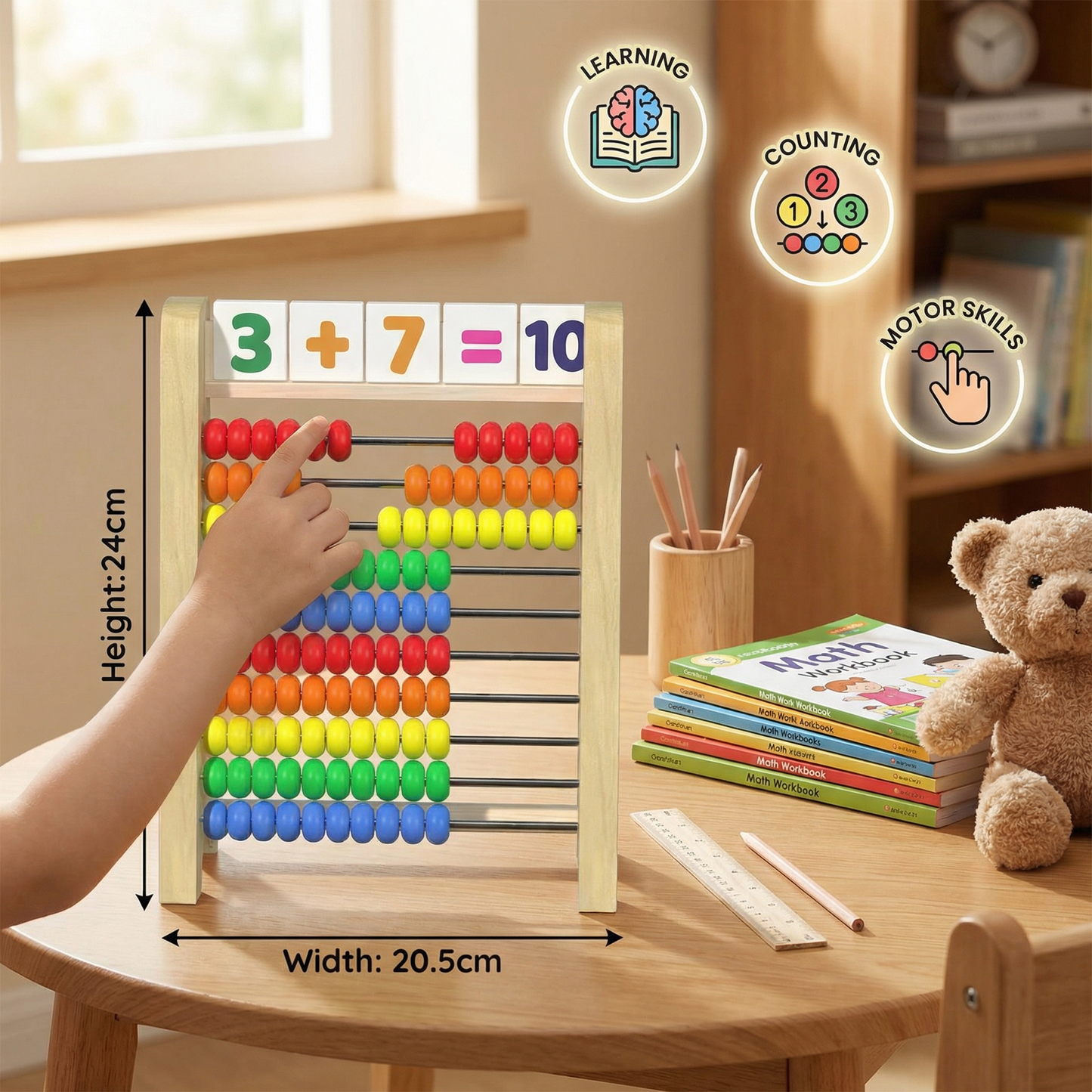 Wooden Abacus for Learning to Count and Calculate