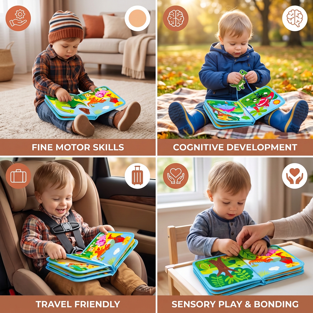 8-in-1 Montessori Dinosaur Busy Board Activity Book for Toddlers