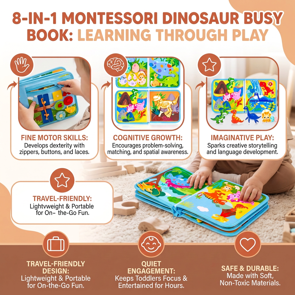 8-in-1 Montessori Dinosaur Busy Board Activity Book for Toddlers