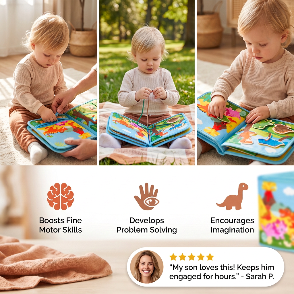 8-in-1 Montessori Dinosaur Busy Board Activity Book for Toddlers